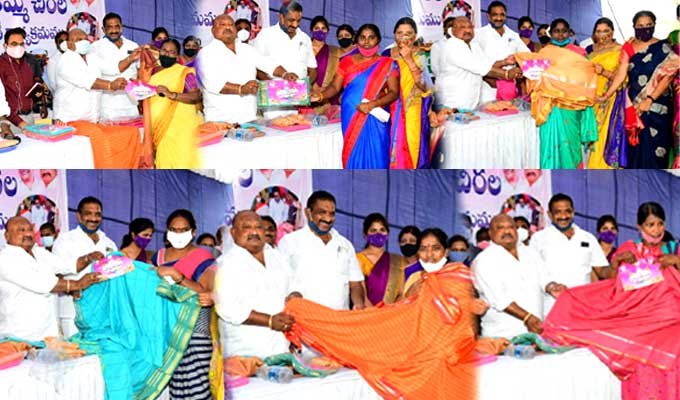 Ladies receiveing Bathukamma sarees